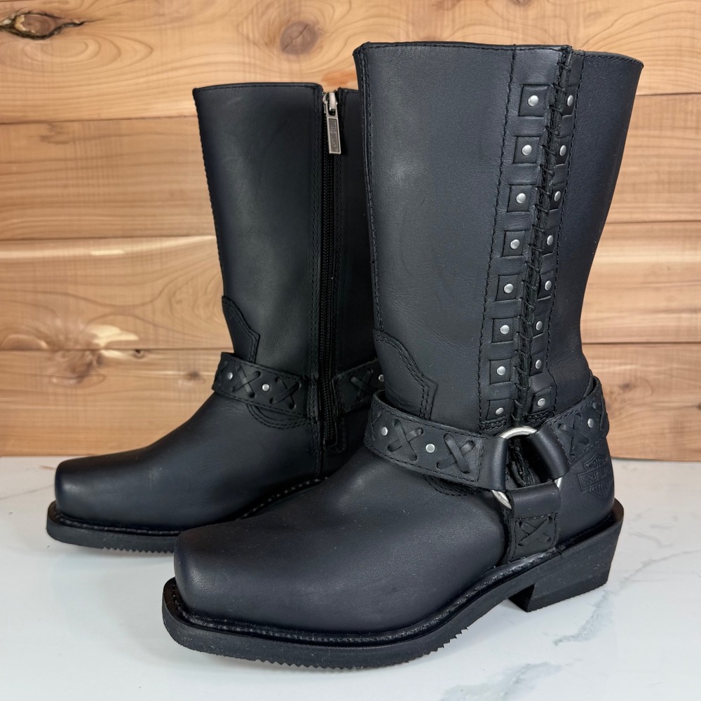 Harley Davidson Black Leather Auburn Harness Motorcycle Boot D85432 Women's 6M